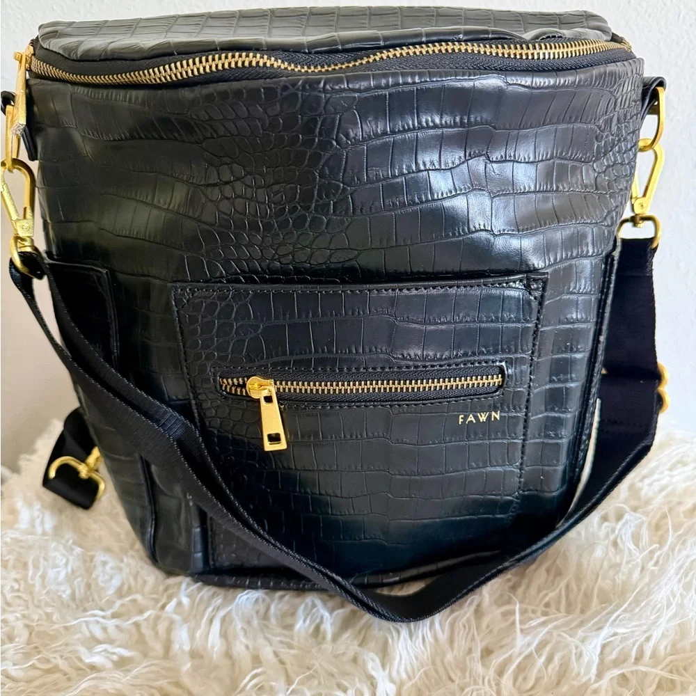 Fawn Design Black Croc-Embossed Leather Crossbody Backpack